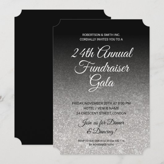 Formal Corporate Fundraiser Silver Glitzer Black Einladung (Vorne/Hinten)