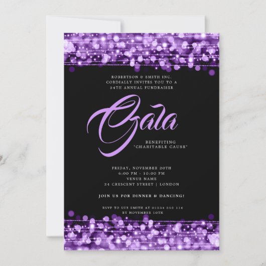 Formal Corporate Gala Ball Lila Glam Lights Einladung (Vorderseite)