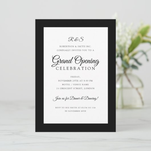 Formal Corporate Grand Opening Monogram Black Einladung (Stehend Vorderseite)