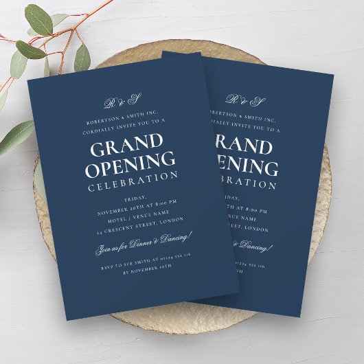 Formal Corporate Grand Opening Monogram Navy Einladung