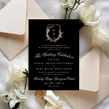 Formal Cream & Black Monogram Gold Wreath Wedding