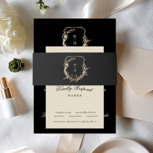 Formal Cream & Black Monogram Gold Wreath Wedding Einladungsbanderole