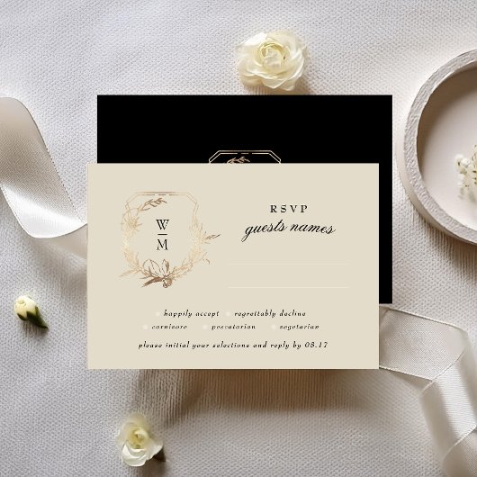 Formal Cream & Black Monogram Gold Wreath Wedding RSVP Karte