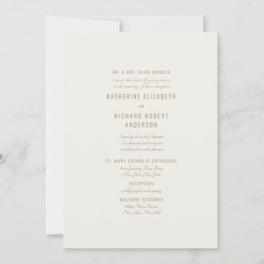 Formal Cream Gold Text Zwei Venue Bride Eltern Einladung (Vorderseite)