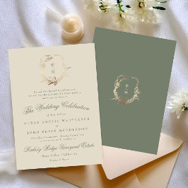 Formal Cream & Green Monogram Gold Wreath Wedding Einladung