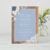 Formal dusty Blue Blush Rustic Wood Lace Wedding Einladung (Stehend Vorderseite)