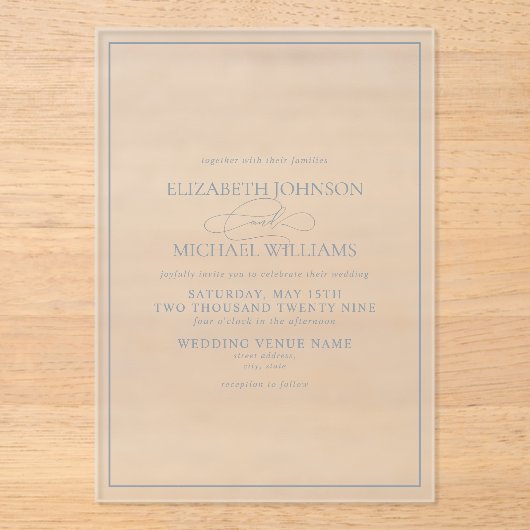 Formal Dusty Blue Classic Script Wedding Acryleinladungen (Vorderseite)