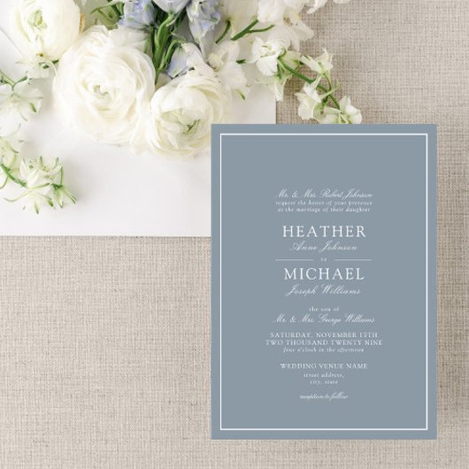 Formal Dusty Blue Classic Script Wedding Einladung