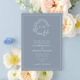Formal Dusty Blue Leafy Wappen Monogram Wedding Einladung