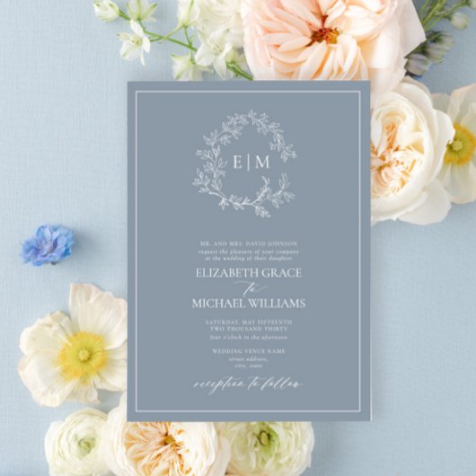 Formal Dusty Blue Leafy Wappen Monogram Wedding Einladung