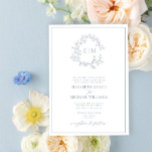 Formal Dusty Blue Leafy Wappen Monogram Wedding Einladung<br><div class="desc">Wir lieben diese trendige, formelle Hochzeitseinladung in staubblau! Es ist einfach, elegant und so hübsch, mit einem handgezeichneten, grünen Kranz umgeben von einem modernen Hochzeitsmonogramm. Traditionell, es enthält die Namen der Eltern, die die Hochzeit beherbergen, und ist personalisiert in eleganter Typografie und mit handgeschriebener Kalligrafie. Schließlich ist es in einem...</div>