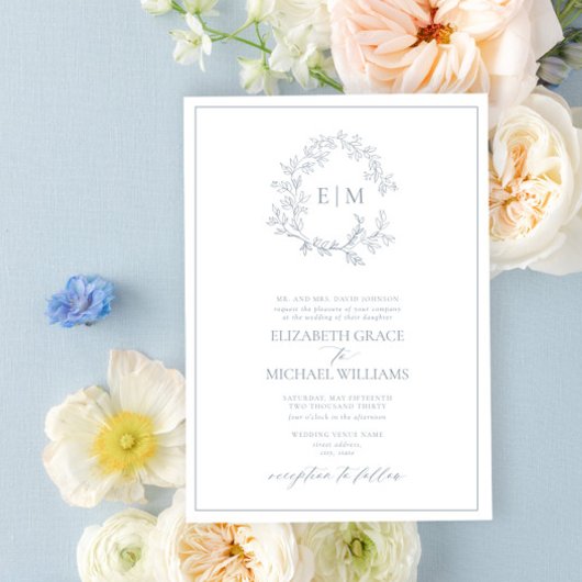 Formal Dusty Blue Leafy Wappen Monogram Wedding Einladung
