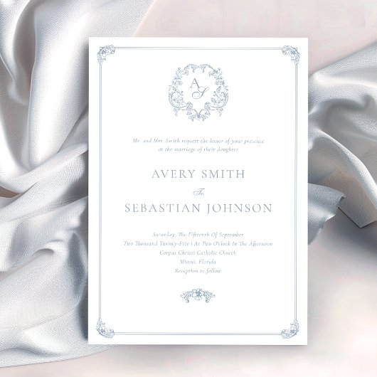 Formal Dusty Blue Wappen Monogram Wedding Einladung