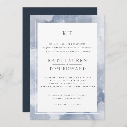 Formal Dusty Blue Watercolor Monogram Wedding Einladung (Vorne/Hinten)