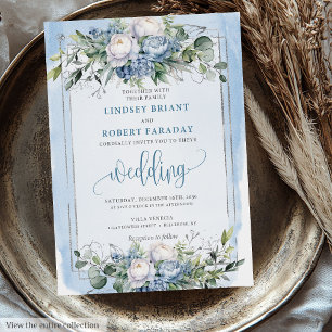Formal Dusty Blue White Silver Blume Hochzeit Einladung