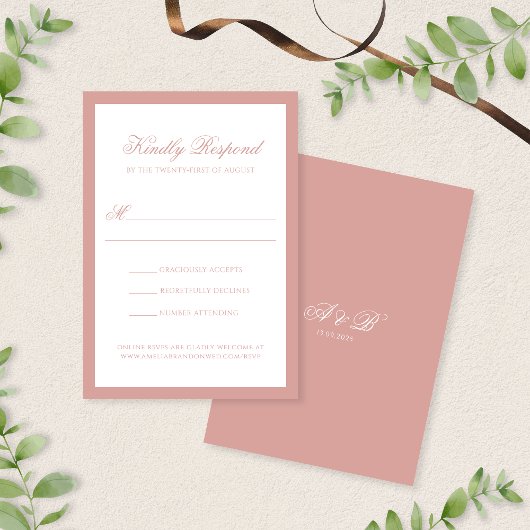 Formal Dusty Rose Border Monogram Script Wedding RSVP Karte