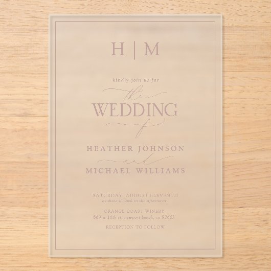 Formal Dusty Rose Monogram Calligraphy Wedding Acryleinladungen (Vorderseite)