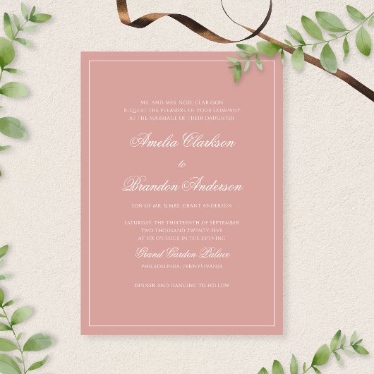 Formal Dusty Rose & White Border Script Wedding Einladung