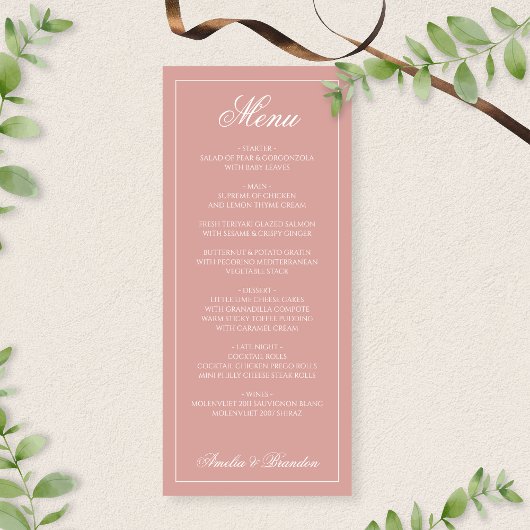 Formal Dusty Rose & White Border Script Wedding Menükarte