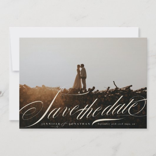 Formal Elegant Beige Calligraphy QR Code Photo Save The Date (Vorderseite)