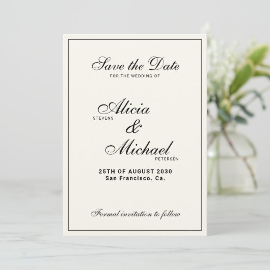 Formal elegant black and ivory classic wedding save the date (Stehend Vorderseite)