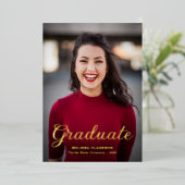 Formal Elegant Black Gold Script Photo Graduation Folieneinladung (Stehend vorne)