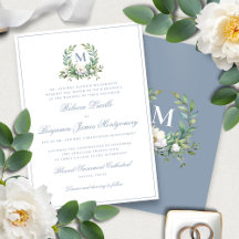 Formal Elegant Blue Floral Wappen Monogram Wedding