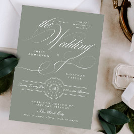 Formal Elegant Calligraphy Gray Green Wedding Einladung