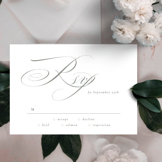 Formal Elegant Calligraphy Gray Green Wedding RSVP Karte