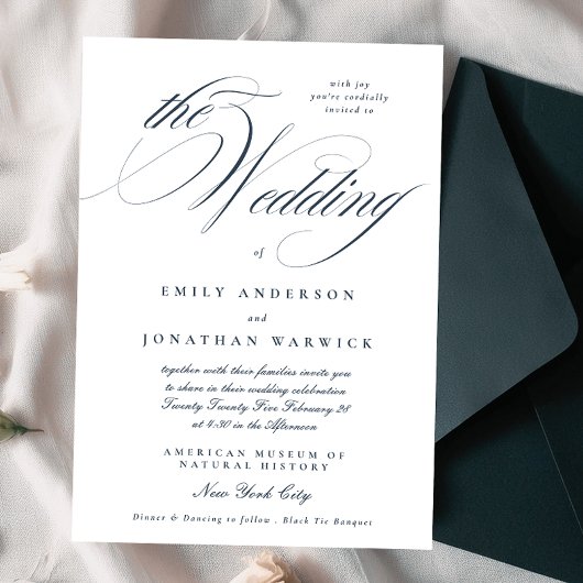 Formal Elegant Calligraphy Navy Blue The Wedding Einladung