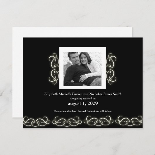 Formal Elegant Floral Save the Date Schwarz-weiß Ankündigungspostkarte (Vorne/Hinten)