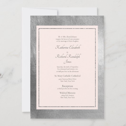 Formal & elegant Hochzeitsrosa & Silber Einladung (Vorderseite)