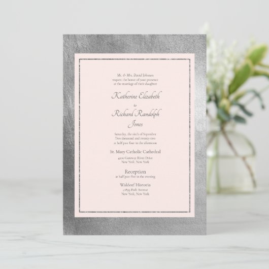 Formal & elegant Hochzeitsrosa & Silber Einladung (Stehend Vorderseite)