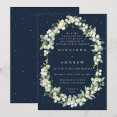 Formal Elegant Navy Snowberry+Eucalyptus Wedding Einladung (Vorne/Hinten)