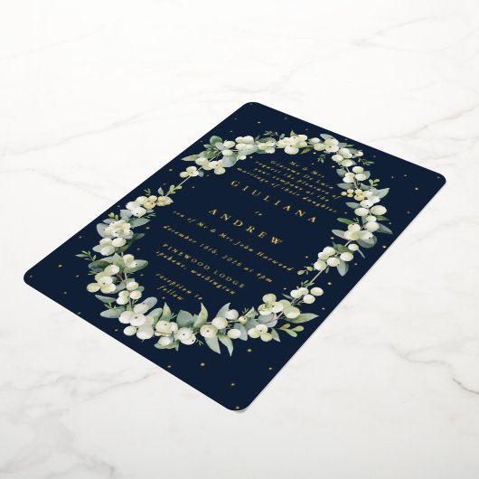 Formal Elegant Navy Snowberry+Eucalyptus Wedding Folieneinladung (Gedreht)