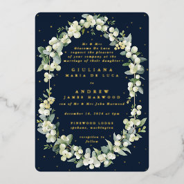 Formal Elegant Navy Snowberry+Eucalyptus Wedding Folieneinladung