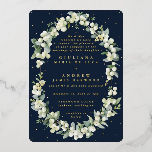 Formal Elegant Navy Snowberry+Eucalyptus Wedding Folieneinladung (Vorderseite)