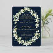 Formal Elegant Navy Snowberry+Eucalyptus Wedding Folieneinladung (Stehend vorne)