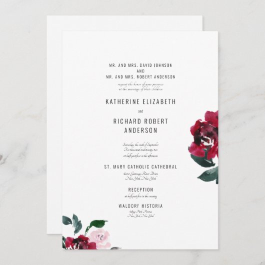 Formal elegant rosa und Rote Rose - beide Eltern I Einladung (Vorne/Hinten)