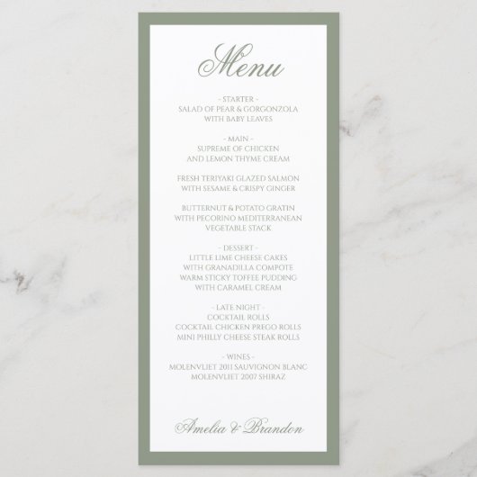 Formal Elegant Sage Green Border Script Hochzeit Menükarte (Vorderseite)