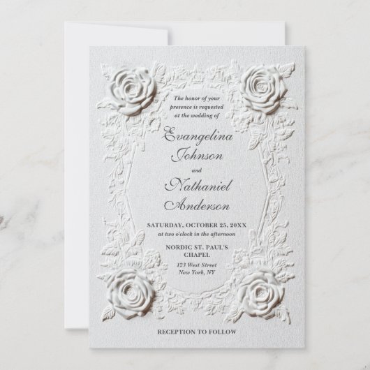Formal Elegant Script Faux Embossed Roses Wedding Einladung (Vorderseite)