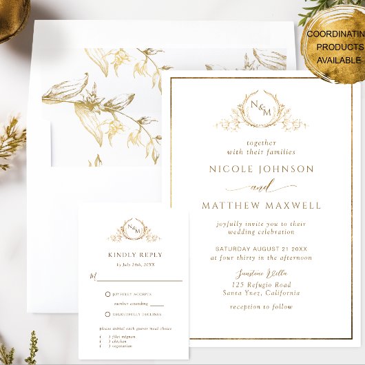 Formal, elegant, weiß und Gold Monogram Hochzeit Einladung