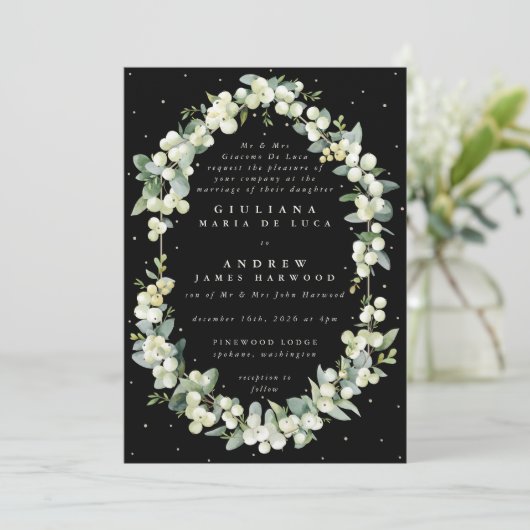 Formal Elegante Black Snowberry+Eucalyptus Wedding Einladung (Stehend Vorderseite)