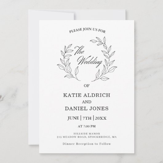 Formal Elegante Blätter Schwarz-weiß QR Code Hochz Einladung (Vorderseite)