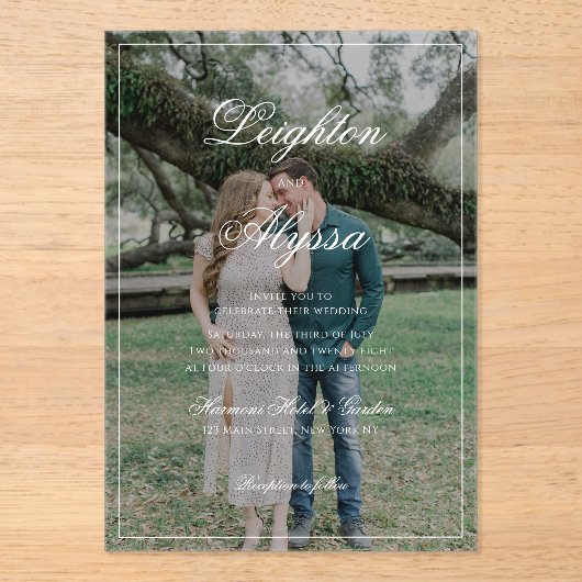 Formal Elegante Calligrafy Foto Overlay Wedding Acryleinladungen (Vorderseite)