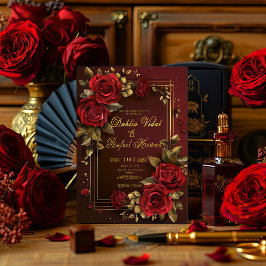 Formal Elegante Dark Burgundy & Gold Rose Hochzeit Einladung