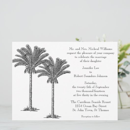 Formal Elegante Palme Tree Tropical Island Hochzei Einladung (Stehend Vorderseite)