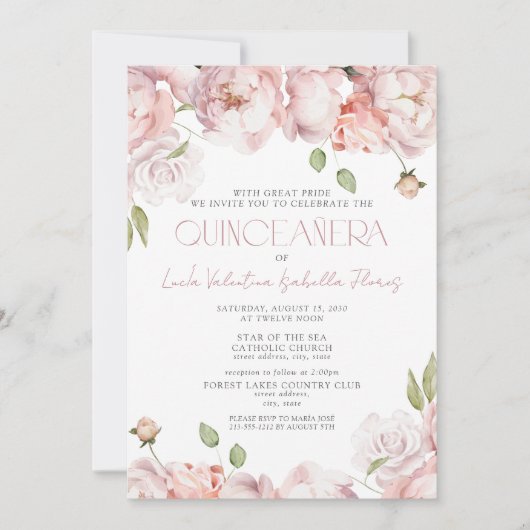 Formal Elegante Rosa Blütenbraun Quinceanera Einladung (Vorderseite)