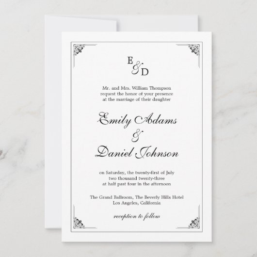 Formal elegante Schwarz-Weiß-Hochzeit-Einladung Einladung (Vorderseite)