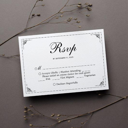 Formal elegante Schwarz-Weiß-Hochzeit-RSVP-Karte